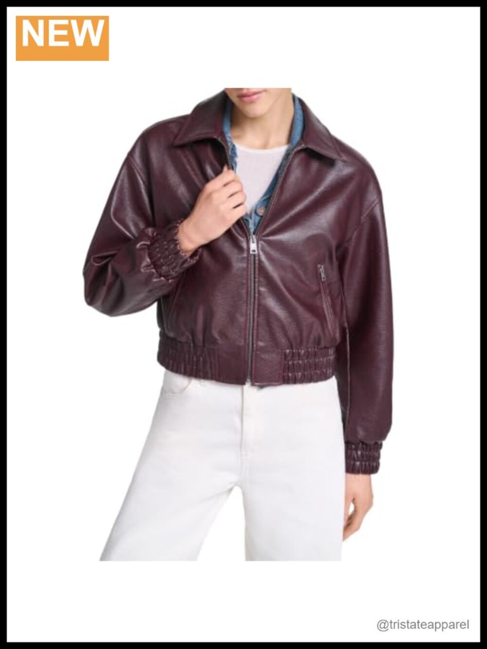 Faux Leather Zip Front Bomber Jacket Water Resistant Long Sleeve